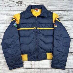 VTG Puffer Jacket Mountain Goat White Stag Women's Sz L Navy Blue Yellow Ski 80s